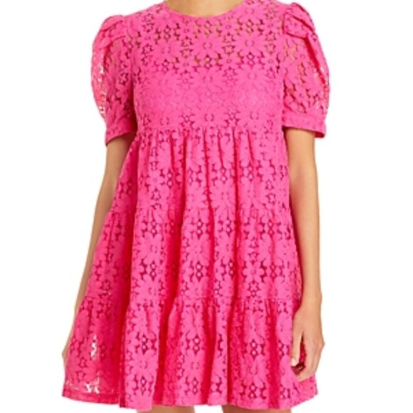 NWT Aqua Pink Short Sleeve Floral Lace Tiered Mini Dress Size Large - Picture 1 of 9
